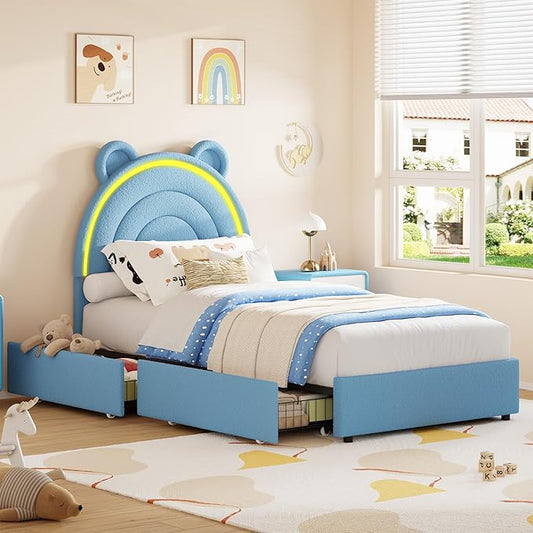 Garvee Twin Size Bed Frame with 4 Storage Drawers & LED Lights, Velvet Upholstered Platform Bed with Rainbow Headboard for Kids/Boys, Solid Wood Slats Support, No Box Spring Needed, Blue