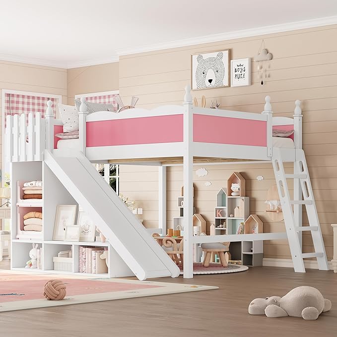 SOFTSEA Queen Size Loft Bed with Slide & Shelves, Kids Wood Loft Bed with Open Shelves and Cabinet, Playhouse Bed Frame with Detachable Slide and Ladder for Kids Girls, Pink + White