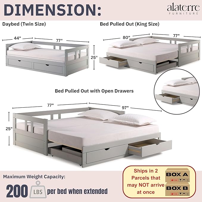 Alaterre Furniture Melody Twin to King Extendable Daybed with Trundle and Storage Drawers – Solid Brazilian Pine Wood with 400lb Capacity for Kids, Guest, or Small Bedroom (Dove Gray)