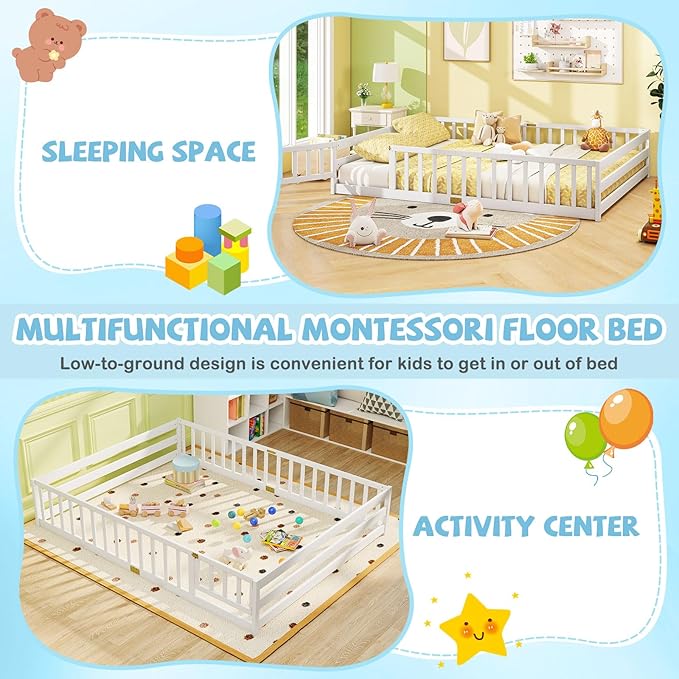 Giantex Queen Floor Bed with Door & Fence, Kids Wood Montessori Beds with Safety Guardrails, Floor Bed Twin for Kids, Boys, Girls, No Box Spring Needed, White