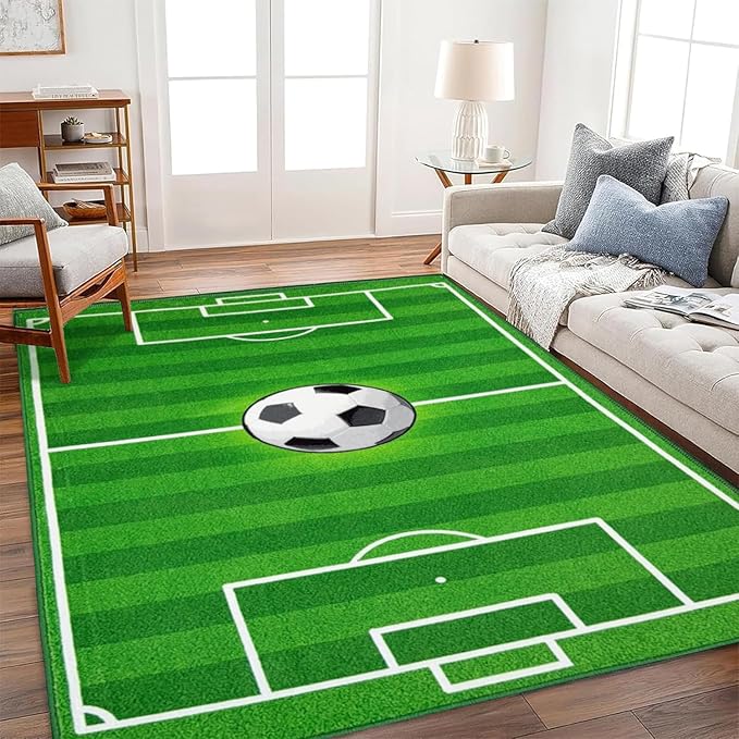 Washable Low Pile Soccer Rug 9x12- Soccer Field Mat for Boys Bedroom, Non-Slip Sports Room Decor, Durable Kids Playroom Rug, Nursery Floor Mat