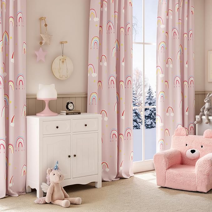 jinchan Nursery Blackout Curtains for Kids Room Rainbow Pink Curtains Cute Girls Bedroom Dorm Playroom Window Treatment Grommet Thermal Insulated Room Darkening 2 Panels 63 Inch Length