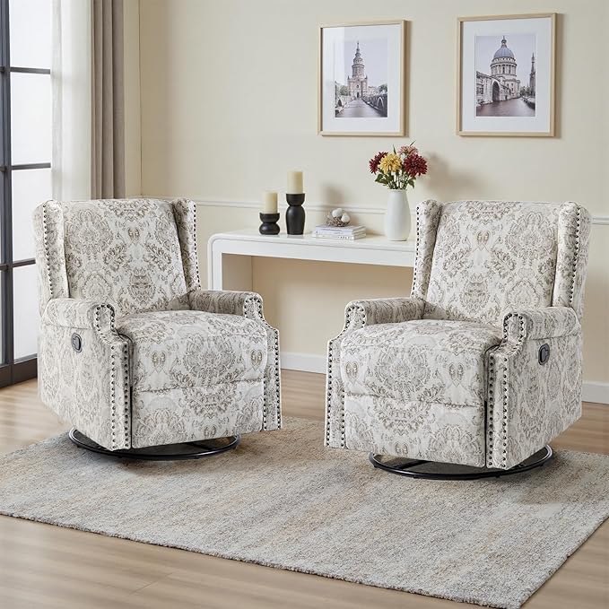 UIXE Swivel Glider Recliner Chairs Set of 2, High Back Nursery Rocker Fabric Accent Chair for Living Room, Rivet Trim Upholstered Armchair Manual Reclining Sofa Seating - Beige Floral