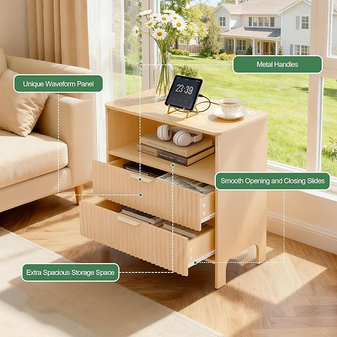 Fluted Nightstand Set 2 with Charging Station, Wood Night Stand with 2 Large Drawers and Storage Shelf, Natural Bed Side Tables Bedroom, Mid Century Modern Nightstand for Bedroom/Living Room