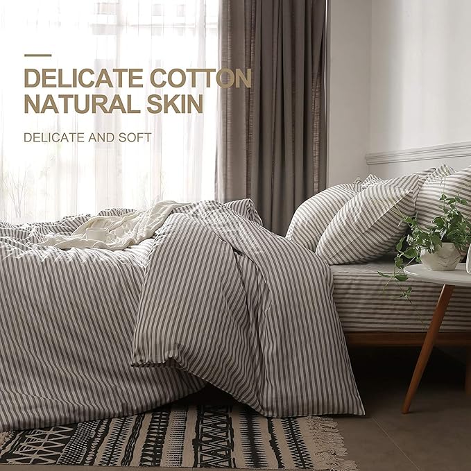 JELLYMONI Duvet Cover, 100% Natural Cotton, Printed Comforter Cover with Zipper Closure and Corner Ties (Super King 116×98 Inch, White Duvet Cover Set with Grey Stripes Pattern, 3 Pieces)
