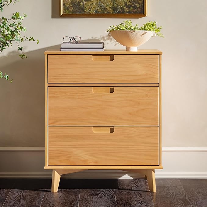 Walker Edison Sloane 3-Drawer Groove Handle Solid Pine Wood Dresser, 36 Inch, Natural Pine