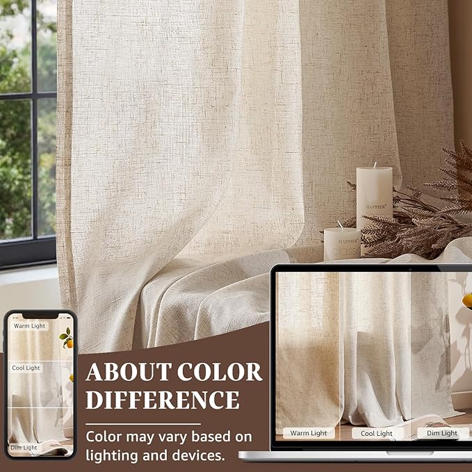 jinchan Beige Linen Blend Curtain 84 Inches Length 1 Panel for Bedroom Living Room, Light Filtering 84 Inches Wide Natural Farmhouse Drape with Rod Pocket Back Tab (84W x 84L, Ecru)
