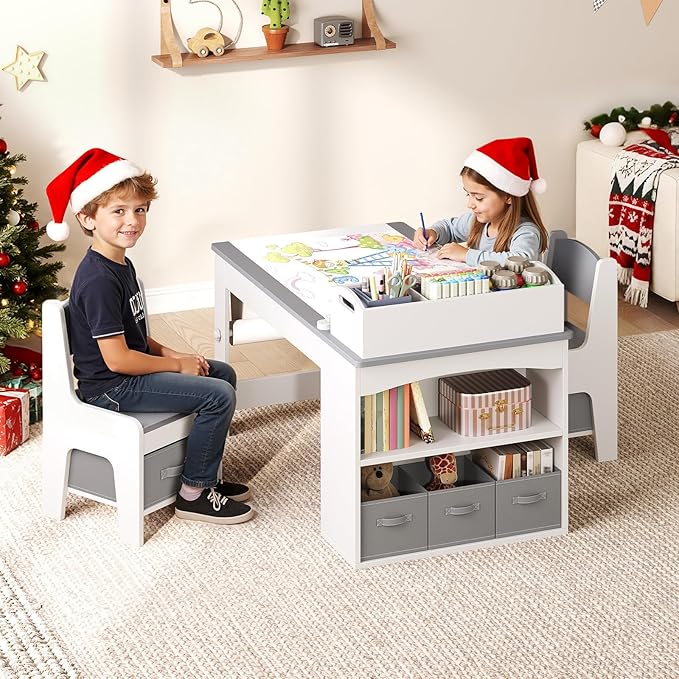 Kids Art Table and Chair Set, Wooden Toddler Activity Desk with Removable Tabletop Shelf and 5 Storage Drawers, Paper Pressing Rod & Roll Holder for Playroom, Nursery, Grey and White