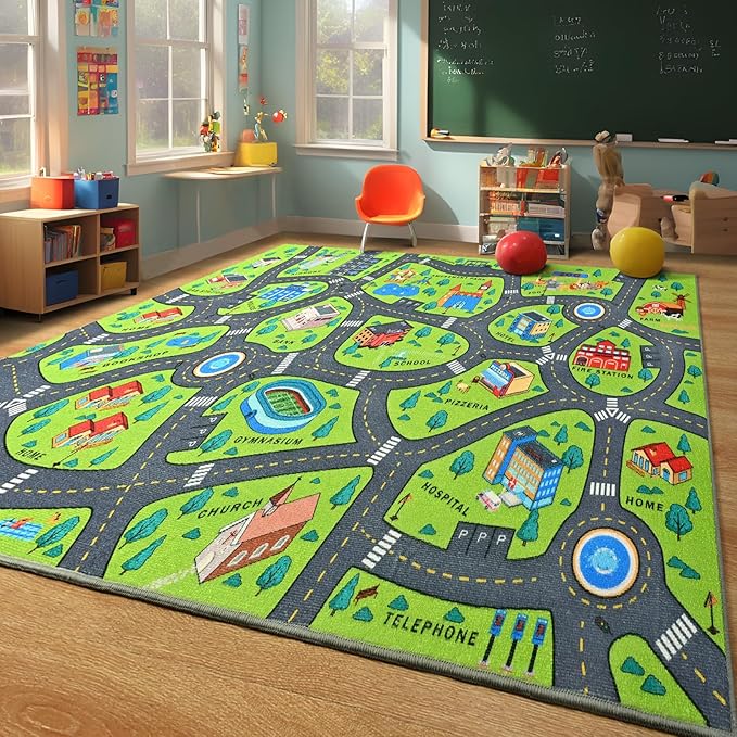 Merelax 6x9 Kids Car Area Rug, Green Grey Area Road Rugs for Living Room Playroom Classroom Bedroom, Non Slip Kids Play mat, Washable Rug, Educational City Traffic Map Fun Car Carpet for Ages 3-12