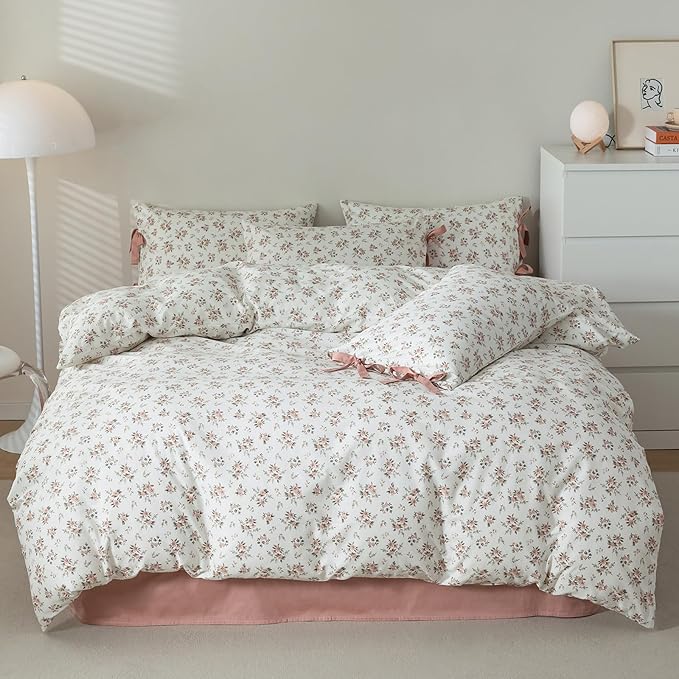 Boho Duvet Cover Twin XL 3 Piece Cottagecore Pink Floral Bedding Set for Teen Girl Dorm Vintage Flowers Room Decor Princess Bedding 1 Twin XL Duvet Cover 2 Pillowcases with Bow Ties