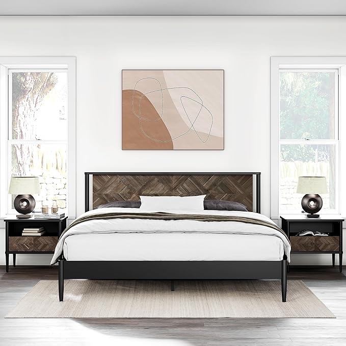 Lenia Queen Bed Frame with 2 Matching Nightstands – Modern Wood Platform Bed Set, Chevron Diamond Design, No Box Spring Needed, Slatted Support (Mocha Black, Queen)