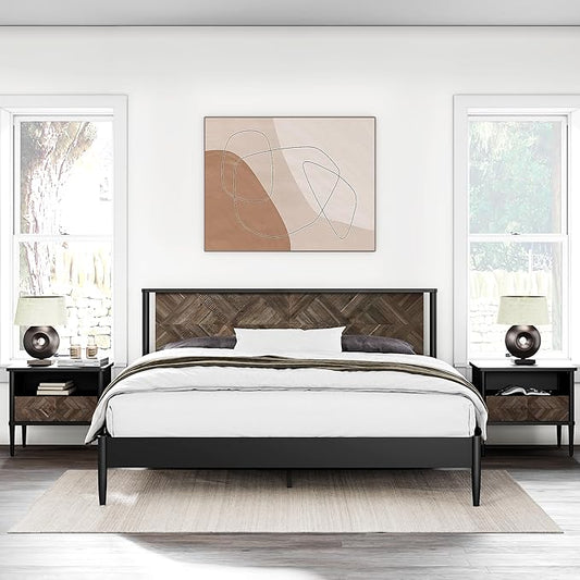 Lenia Queen Bed Frame with 2 Matching Nightstands – Modern Wood Platform Bed Set, Chevron Diamond Design, No Box Spring Needed, Slatted Support (Mocha Black, Queen)