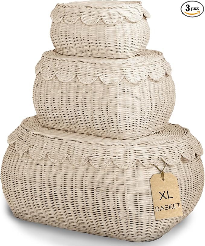 BEBE BASK Large Scalloped Basket Set Of 3 - Hand-Woven & Award-Winning Scallop Basket - XL - Extra Large for Blankets 22 x 16 x 10 In - Elegant Wicker With Scalloped Edge Lid (Natural)