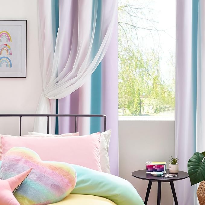 100% Blackout Curtains with Sheer Overlay Mix and Match Double Layer Drapes 72 Inch Length 2 Panels for Room Bedroom Room Ombre Rainbow Grommet Window Treatment with Tiebacks