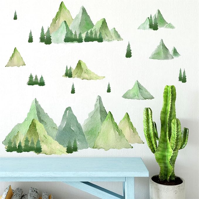 Watercolor Mountain Wall Decal Large Mountains Tree Wall Stickers Peel and Stick Green Pine Tree Decals Nature Art Big Mountain Stickers Forest Decal for Bedroom Living Room Decor