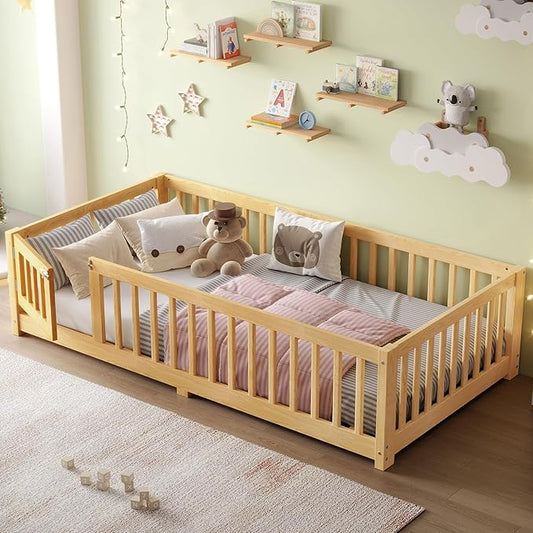 Twin Size Floor Bed with Fence and Lockable Door, Wood Montessori Bed Frame with Slat Support for Kids,Boys,Girls,Easy Assembly, Natural