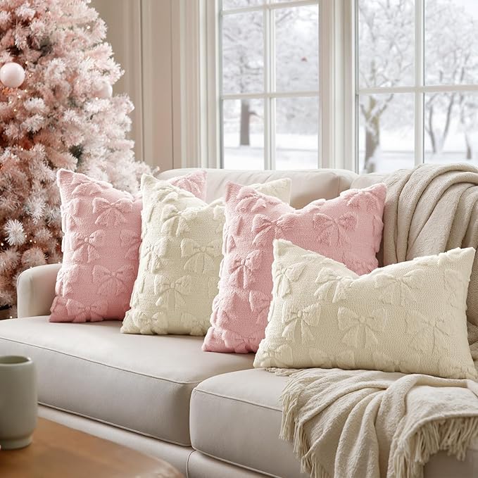 MIULEE Cream White Bow Pillow Covers Christmas Coquette Room Decor Aesthetic Set of 2 Decorative Cute Girl Throw Pillow Soft Plush Faux Pillowcase for Girl Bed Couch Sofa,16x16 Inch