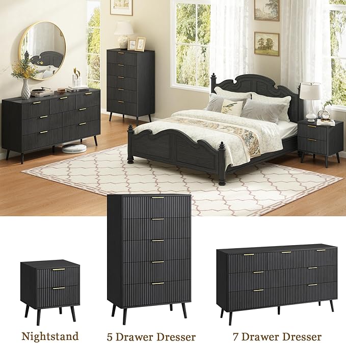 CARPETNAL Fluted 7 Drawer Dresser for Bedroom, 55" Wide Wooden Chest of Drawers with Rounded Corners, Gold Handles, Modern Storage Organizer for Bedroom, Hallway(Black)