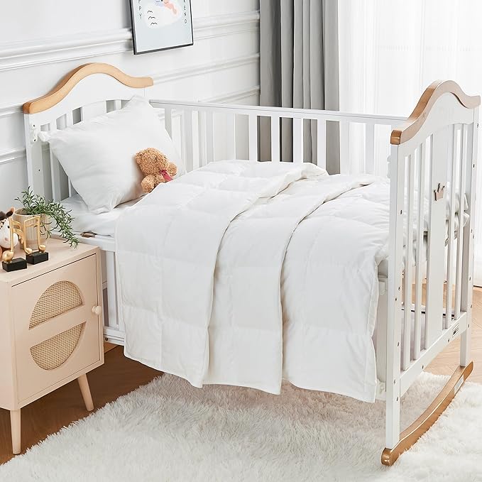 Toddler Goose Down Comforter Lightweight Summer Cooling Baby Duvet Insert, Hypoallergenic 100% Organic Cotton Crib Quilted Washable Nursery Blanket with Corner Tabs, White 41x48 Inches