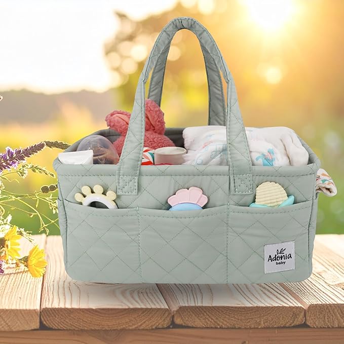 Adonia & Co Diaper Caddy Organizer – Nursery Storage Basket for Newborn Essentials & Baby Must Haves – Portable, Machine Washable Baby Diaper Bag Organizer (Green)