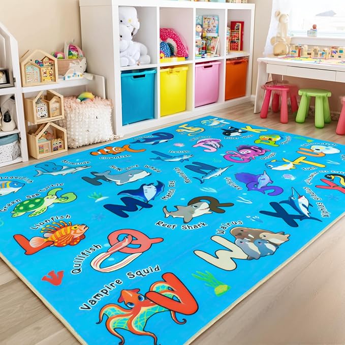 Kids Rugs for Playroom, 3x4 Feet Educational Rug for Learn The ABC Alphabet, Soft Machine Washable Non-Slip Cute Marine Organisms Carpet for Classroom Toddler Nursery Kids Room Decor, Blue
