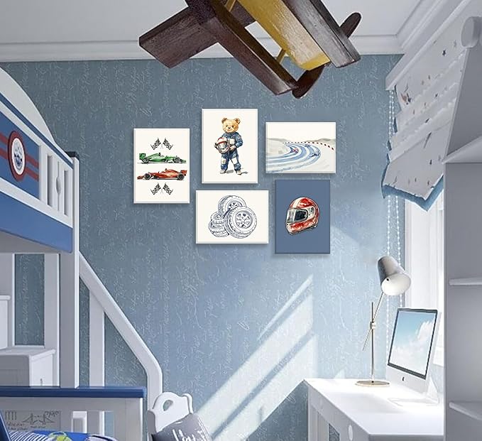Vintage Racing Car Nursery Wall Art Teddy Bear Pictures Wall Decor Boy Navy Blue Vehicle Posters Retro Sport Painting Canvas Print Artwork for Kids Boy Room Playroom, Framed
