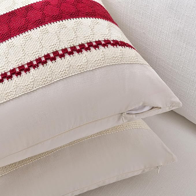 Fancy Homi Set of 2 Boho Red Lumbar Decorative Throw Pillow Cover 12x20 Inch for Couch Bed Sofa Chair, Modern Organic Farmhouse Home Decor, Soft Cotton Cute Accent Rectangle Cushion Case