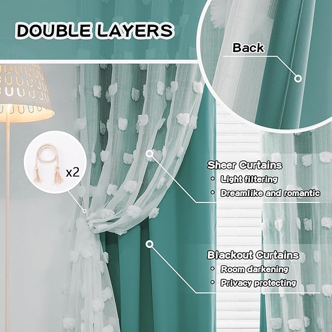 MYSKY HOME Teal Living Room Curtains Kids Curtains for Boys Bedroom 84 Inches Long Double Layer Curtains for Kids Room Darkening Grommet White Pom Pom Sheer Blackout Curtains 52 x 84 Inch 2 Panels