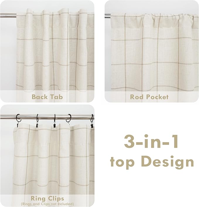 DriftAway 2 Panels 100% Blackout Windowpane Plaid Linen Curtains Double Layer Drapes for Bedroom 102 Inches Long Farmhouse Thermal Insulated 3.25 Inch Rod Pocket Back Tab for Living Room Taupe