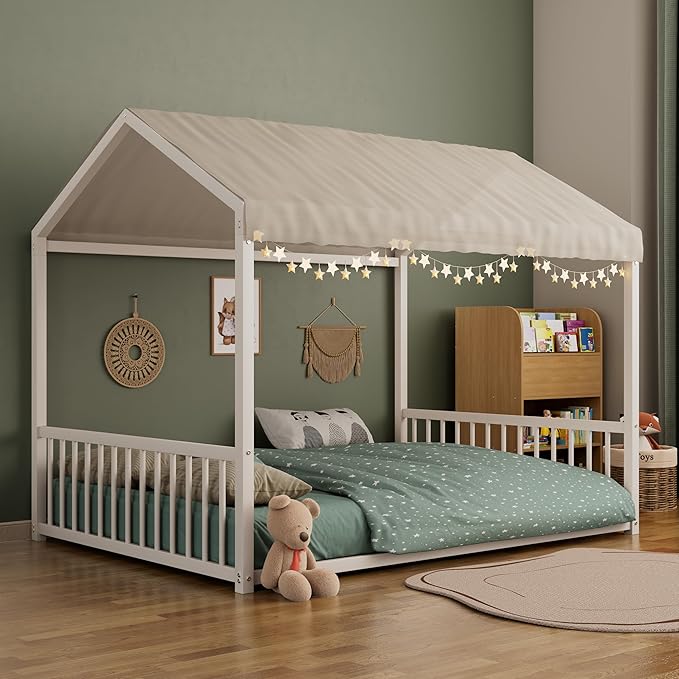 Merax Full Floor Bed Frame, Montessori Style Metal House Shaped Kids Bed with Vertical Safety Guardrails, No Slats, Grounded Design for Kids and Toddlers, Easy Assembly, White