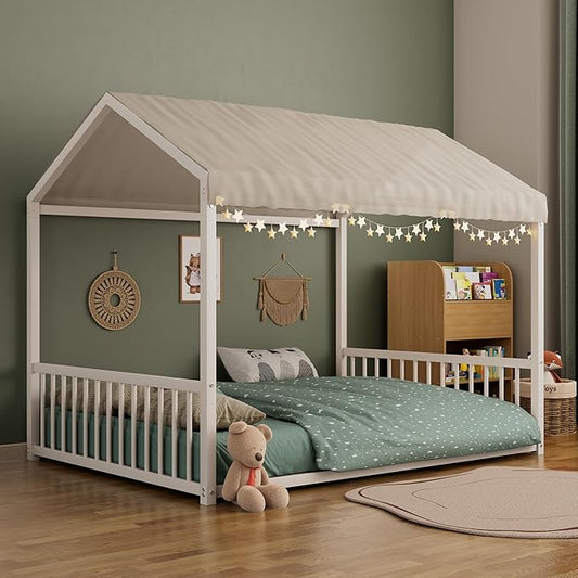 Merax Full Floor Bed Frame, Montessori Style Metal House Shaped Kids Bed with Vertical Safety Guardrails, No Slats, Grounded Design for Kids and Toddlers, Easy Assembly, White