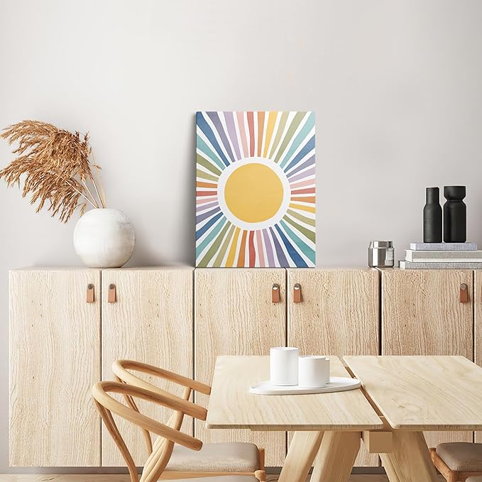 XWELLDAN Cute Cartoon Sun Cheerful Nursery Wall Art Canvas Prints,Watercolor Boho Neutral Sun Sunshine Wall Art Decor for Kids Baby Bedroom Nursery Playroom, 11 x 14 Inch, Framed