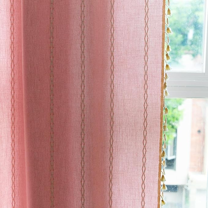 Deeprove Pink Boho Curtains 72 inches Length, Vintage Bohemian Embroidery Farmhouse Cotton Linen Fringe Window Treatments Girl Nursery Bedroom Living Room Dinging Room Decor, W52 x L72, 1 Panel
