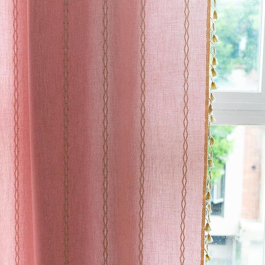 Deeprove Pink Boho Curtains 63 inches Length for Baby Girl Bedroom Nursery, Vintage Bohemian 63 inches Long Embroidery Farmhouse Light Filter Country Tassel Window Treatments, W52 x L63, 1 Panel