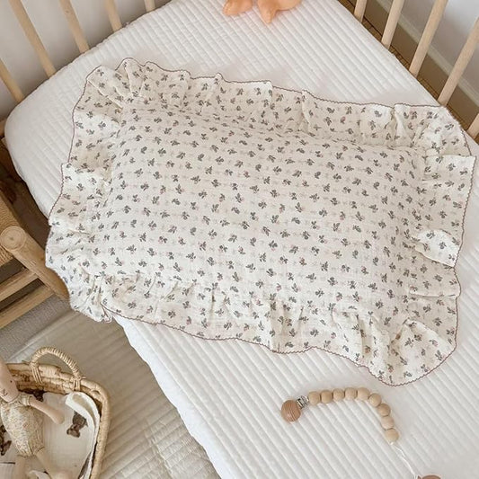 BuLuTu Chic Bellflower Pink Toddler Pillowcase with Ruffles Pillow Cover for Boys Girls 1 2 3 4 5 6 Years Old, Soft Breathable Muslin Cotton Pillow Case for Crib Cot Cradle, 14"x20", 1 pc