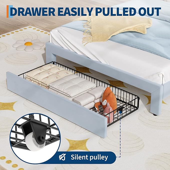 Garvee Full Upholstered LED Bed Frame with Storage Drawer & Cute Cat Headboard, Velvet Princess Platform Bed Frame with Sturdy Wood Slats Support for Girls/Kids, No Box Spring Needed, Blue