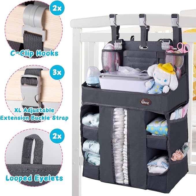 HHZ XL Hanging Diaper Caddy Organizer –Sturdy and Durable Baby Organizer – Diaper Stacker for Changing Table, Crib, Playard or Wall & Nursery Organization