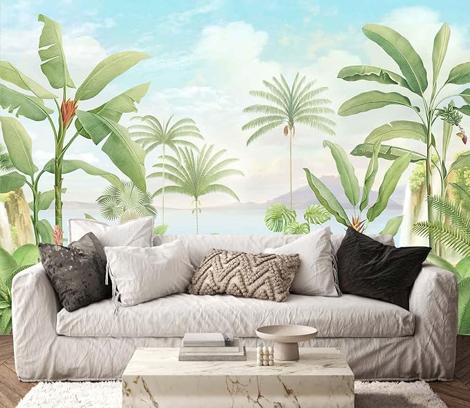 Green Banana Leaf Wallpaper Tropical Botanical Monstera Leaves Sea Mountain Cloud Wall Mural for Bedroom Livingroom (Not Self-Adhesive)