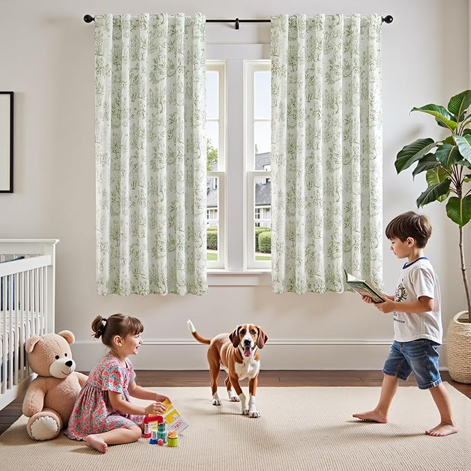 jinchan 95% Blackout Nursery Curtains 63 Inches Long, Bunny Woodland Toile Curtains Sage Green on Beige Animal Printed Drapes Rod Pocket Thermal Insulated Bedroom Farmhouse Window Treatment 2 Panels