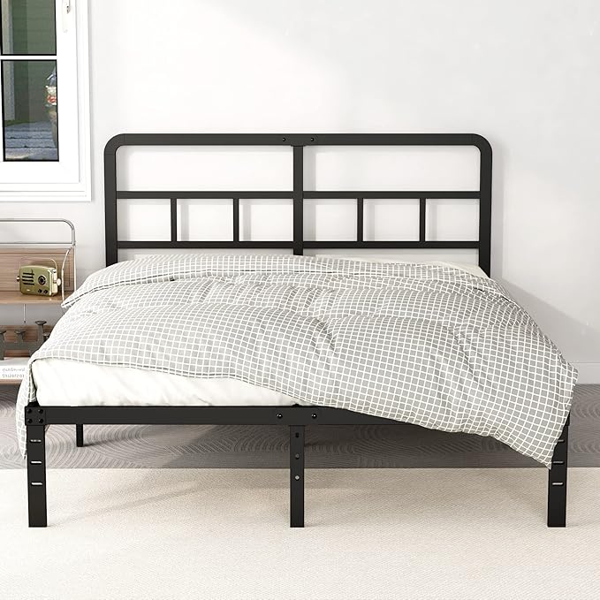 14 Inch Full Size Bed Frame with Headboard No Box Spring Needed, Heavy Duty Metal Platform with Steel Slat, Mattress Foundation, Easy Assembly, Noise Free, Black
