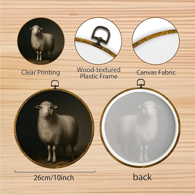 Hiuwevt Vintage Farmhouse Sheep Round Wall Art Decor, Rustic Country Sheep Framed Canvas Prints, Moody Classic Farm Animals Round Wall Hanging Decor for Home Living Room Decorations, 10x10 Inches
