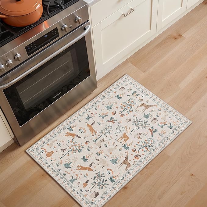 Door Mat Indoor Entrance 2x3 Floral Animal Print Rug Machine Washable Rug, Non Slip Low Pile Throw Indoor Doormat for Entryway, Front Door, Nursery, Beige