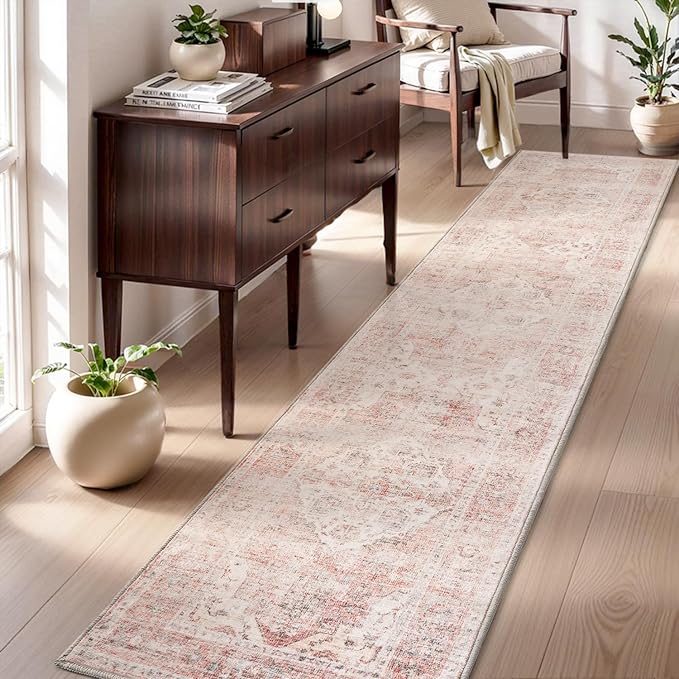 AMOAMI-2X3 Small Rug-Washable Rugs Entryway Mat Indoor-Soft Vintage Non Slip Rugs for Kitchen Laundry Room Bathroom Pink Decorative Accent Rug for in Front of Sink 24 Inch x36 Inch