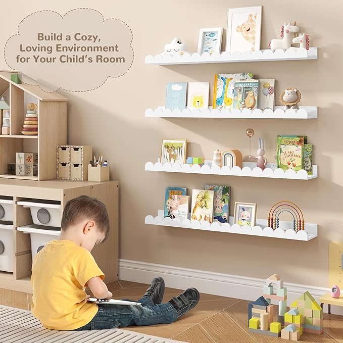 Fun Memories 32 Inch White Floating Shelf, Scalloped Picture Ledge for Nursery, Set of 4, Wall Mounted Book Shelves for Kids Room, Toddler Room