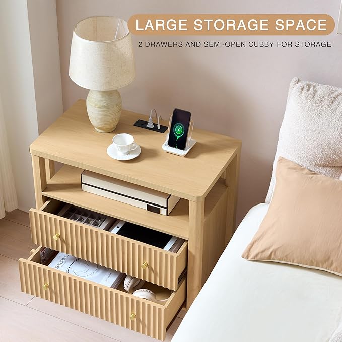 Fluted Nightstand with Charging Station, 27.3" Wide Modern Bedside Table with 2 Drawers & Open Shelf, Large Wood End Table with Storage & Metal Handle for Bedroom, Natural Wood
