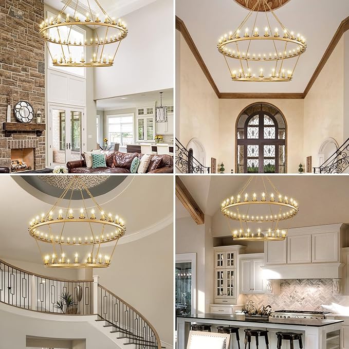 Wagon Wheel Chandelier, 2-Tier 54-Light Gold Large Modern Farmhouse Chandelier with Adjustable Height Island Light Fixture for High Ceiling Dining Room, Kitchen, Living Room, Entryways, Foyer