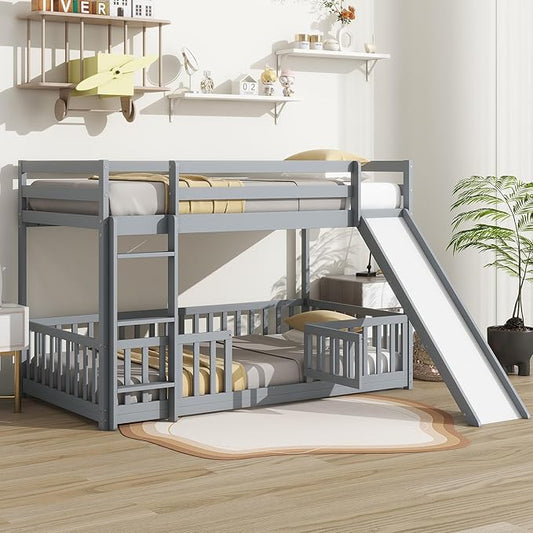Twin Over Twin Bunk Bed with Slide and Ladder, Wood Floor Bunk Bed Frame with Door and Safety Guardrails for Kids Teens Boys Girls, No Box Spring Needed