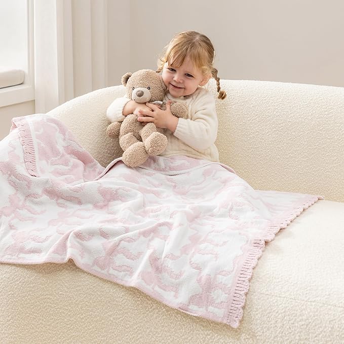 Berkshire Baby Blanket,Ultra-Plush Reversible Chenille Knit Toddler Blanket,Cute Pattern Nursery Crib Blanket,Ideal Baby Gift(30x40 Inches,Ribbon Bow White Pink)