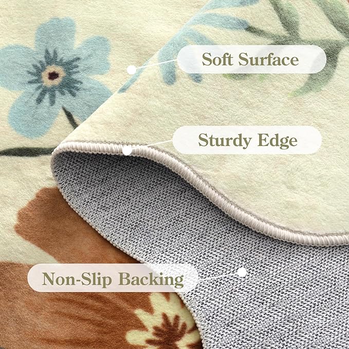 Lahome Floral Kitchen Runner Rug, 2x5 Rug Runners for Hallways Non Slip Ultra-Thin Soft Washable Carpet Runner, Non Slip Low-Pile Stain Resistant Boho Carpet for Bathroom Bedroom(2x5ft,Beige)