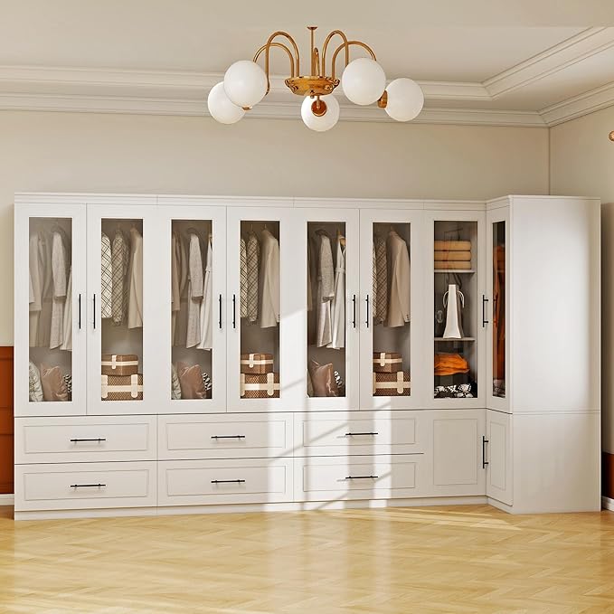 Armoire Wardrobe Closet with 8 Door: White Wood Wardrobe Closet Wooden Combination Corner Cabinet Bedroom Armoire with Hanging Rods for Home/Bedroom/Living Room